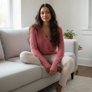 Athleta Pink Organic Cotton Crochet Knit Hooded Pullover Sweater Lightweight‎ M